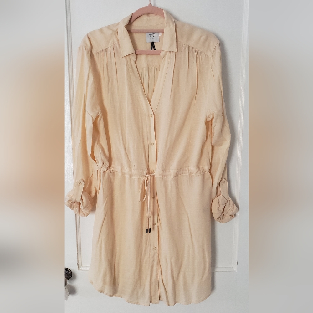 NEW HD in Paris Light Peach Rayon Drawstring Shirt Mini Dress M